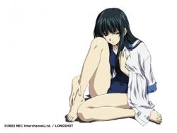 Rule 34 | 00s, black one-piece swimsuit, blouse, blue one-piece swimsuit, collared shirt, head rest, horibe hiderou, interlude, lowres, one-piece swimsuit, school swimsuit, school uniform, serafuku, shirt, shirt on shoulders, simple background, sitting, solo, swimsuit, watsuji aya, white background, white shirt