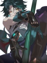 1boy anemo_symbol_(genshin_impact) aqua_hair black_gloves black_hair black_pants detached_sleeves eyeliner facial_mark forehead_mark genshin_impact gloves green_gloves green_hair highres holding holding_polearm holding_weapon jewelry looking_at_viewer makeup male_focus mikuroron multicolored_hair necklace pants polearm red_eyeliner simple_background single_detached_sleeve solo streaked_hair tassel tattoo vision_(genshin_impact) weapon white_background xiao_(genshin_impact) yellow_eyes