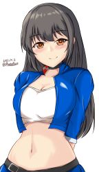 Rule 34 | 1girl, black choker, black hair, blue jacket, blush, breasts, choker, cleavage, commentary request, crop top, hayashio (kancolle), highres, jacket, kantai collection, large breasts, long hair, long sleeves, looking at viewer, midriff, montemasa, navel, open clothes, open jacket, orange eyes, shirt, simple background, smile, solo, stomach, upper body, very long hair, white background, white shirt