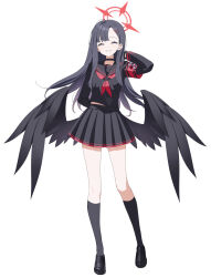 Rule 34 | 1girl, angel wings, armband, black gloves, black hair, black serafuku, black skirt, black wings, blue archive, closed eyes, full body, gloves, halo, highres, ichika (blue archive), long hair, neckerchief, nekoln, red armband, red neckerchief, school uniform, serafuku, simple background, skirt, solo, white background, wings