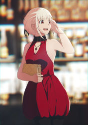 Rule 34 | 1girl, absurdres, arm up, bag, black collar, black pantyhose, black ribbon, blonde hair, collar, commentary request, dress, hair ribbon, handbag, highres, holding, holding bag, jewelry, looking afar, lycoris recoil, necklace, nishikigi chisato, official alternate costume, open mouth, pantyhose, red dress, red eyes, ribbon, short hair, sleeveless, sleeveless dress, smile, solo, taka-chan, upper body