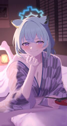 Rule 34 | 1girl, animal ears, aqua hair, architecture, bath yukata, bed sheet, blue archive, blue hair, blush, breasts, cleavage, closed mouth, collarbone, commentary request, crossed bangs, double-parted bangs, east asian architecture, floor lamp, futon, grey kimono, hair between eyes, hair intakes, hand fan, highres, holding, holding fan, indoors, japanese clothes, kimono, large breasts, leg up, looking at viewer, low ponytail, lying, medium breasts, official alternate costume, official alternate hairstyle, on stomach, paper fan, purple eyes, shigure (blue archive), shigure (hot spring) (blue archive), short hair, short ponytail, shouji, sliding doors, smile, solo, uchiwa, weasel ears, weasel girl, wide sleeves, yoshiki 3821, yukata