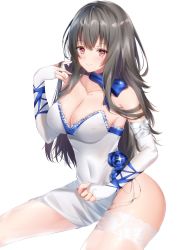 Rule 34 | 1girl, azur lane, blue bow, blue flower, blue ribbon, blue rose, blush, bow, breasts, bridal gauntlets, cleavage, commentary request, dress, flower, grey hair, highres, large breasts, long hair, looking at viewer, mole, mole under eye, nagi aoi, red eyes, ribbon, rose, saint-louis (azur lane), saint-louis (holy knight&#039;s resplendence) (azur lane), saint-louis (holy knight&#039;s resplendence) (azur lane), sleeveless, sleeveless dress, smile, thighhighs, white thighhighs
