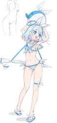 Rule 34 | 1girl, :d, arms up, arona (blue archive), bikini, blue archive, blue eyes, blue hair, blue halo, blue trim, bow, bow bikini, bow hairband, braid, choker, colored inner hair, contrapposto, cropped arms, cropped legs, full body, gun, gun on back, hair behind ear, hair bow, hairband, halo, head out of frame, highres, light blue hair, looking to the side, multicolored hair, navel, nude, open mouth, pink hair, pjman, sailor bikini, sailor collar, sandals, short hair, single braid, sketch, smile, solo focus, standing, strap, stuffed whale, swimsuit, thigh strap, umbrella, umbrella gun, weapon, weapon on back, whale ornament, white background, white bikini, white bow, white choker, white hairband