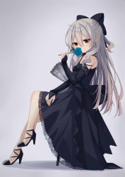 Rule 34 | 1girl, absurdres, bare shoulders, black bow, black choker, black dress, black footwear, black nails, blue flower, blue rose, blush, bow, bridal gauntlets, brown eyes, choker, closed mouth, dress, earrings, flower, full body, grey background, grey hair, hair between eyes, hair bow, hand up, high heels, highres, holding, holding flower, ikazu401, jewelry, long hair, nail polish, original, rose, see-through, shadow, shoes, sitting, smile, solo, very long hair