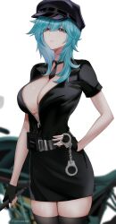 Rule 34 | 1girl, absurdres, alternate costume, belt, black belt, black dress, black hat, black necktie, black thighhighs, blue hair, breasts, cabbie hat, cleavage, commentary, cowboy shot, cuffs, dress, eula (genshin impact), genshin impact, hair between eyes, hand on own hip, handcuffs, hat, highres, holding, large breasts, long hair, necktie, pencil dress, ritou08, short dress, short sleeves, solo, standing, thighhighs, thighs, yellow eyes