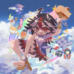 Rule 34 | 1girl, akanbe, black hair, black nails, black shorts, blue bow, blue bowtie, bow, bowtie, breasts, commentary request, cone horns, doryata, eyelid pull, highres, holding, holding mallet, horns, kijin seija, mallet, multicolored hair, red eyes, red hair, sandals, shirt, shorts, skirt, small breasts, solo, toes, tongue, tongue out, touhou, white hair, white horns, white shirt