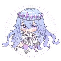 Rule 34 | 1girl, absurdres, blue hair, blush, braid, chibi, closed mouth, commentary request, crossed bangs, crown, dress, earrings, full body, hair between eyes, highres, jacket, jewelry, kamishiro nanase, kashikaze, long hair, long sleeves, looking at viewer, open clothes, open jacket, purple eyes, purple thighhighs, short dress, side braid, single thighhigh, sleeveless, sleeveless dress, solo, symbol-shaped pupils, thighhighs, triangle-shaped pupils, uniraid, very long hair, virtual youtuber, white background, white dress, white footwear, white jacket