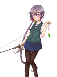 Rule 34 | 10s, 1girl, akebono (kancolle), bell, blush, chestnut mouth, collarbone, fishing hook, fishing line, fishing rod, flower, green vest, hair bell, hair flower, hair ornament, jingle bell, kantai collection, knees together feet apart, looking at viewer, pantyhose, school uniform, serafuku, side ponytail, simple background, solo, thigh gap, vest, white background, yuki to hana