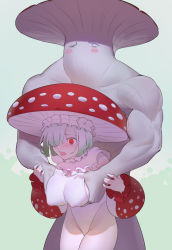 Rule 34 | 1boy, 1girl, 1other, bad id, bad pixiv id, blush, grabbing another&#039;s breast, breasts, check copyright, commentary, copyright request, covered erect nipples, cowboy shot, dark souls (series), dark souls i, fly agaric, grabbing, hair over one eye, large breasts, leotard, muscular, mushroom, mushroom girl, mushroom hat, mushroom parent, neck ruff, open mouth, original, red eyes, short hair, sideboob, timbougami, white hair, white leotard