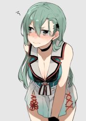 Rule 34 | 1girl, blush, breasts, choker, cleavage, collarbone, commentary, cosplay, gloves, green hair, grey background, hair between eyes, hair ornament, hairclip, hita (hitapita), kantai collection, large breasts, leaning forward, long hair, maya (kancolle), maya (kancolle) (cosplay), nose blush, pleated skirt, purple eyes, sailor collar, side slit, simple background, skirt, solo, standing, suzuya (kancolle), wavy mouth