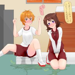 Rule 34 | 2girls, bang dream!, between legs, blue panties, blush, breasts, brown hair, clenched hands, closed mouth, collarbone, embarrassed, female focus, full body, gym uniform, hair ornament, hairclip, hand between legs, hands up, highres, jacket, japanese text, kitazawa hagumi, kneeling, legs together, long sleeves, looking at viewer, multiple girls, nose blush, open mouth, orange hair, own hands together, panties, panty peek, puddle, purple eyes, raglan sleeves, red eyes, red footwear, red jacket, red shorts, sen no yugami, shirt, shoes, short hair, short sleeves, shorts, sitting, skindentation, small breasts, smile, socks, speech bubble, spread legs, striped clothes, striped panties, talking, tears, text focus, toyama kasumi, track jacket, translation request, underwear, upshorts, v arms, wet, wet clothes, white legwear, white shirt, zipper, zipper pull tab
