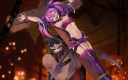 Rule 34 | 1boy, 1girl, aisha landar, armor, armpits, ball gag, bandeau, bare shoulders, bdsm, black sclera, blue eyes, blush, bondage, boots, bound, breasts, brown hair, cleavage, colored sclera, cross, crucifixion, detached collar, detached sleeves, elsword, facial hair, fire, gag, gagged, goatee, grin, groin, hair between eyes, hair ribbon, headband, long hair, midriff, miniskirt, mixed-language commentary, navel, nose blush, one eye closed, outstretched arms, panties, pantyshot, purple eyes, purple footwear, purple hair, purple ribbon, purple skirt, purple sleeves, restrained, ribbon, rope, short twintails, sidelocks, skirt, small breasts, smile, spread arms, standing, stationary restraints, teeth, thigh boots, twintails, underwear, void princess (elsword), white panties, wiffle gag, yasume yukito