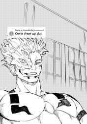 Rule 34 | 1boy, absurdres, chest tattoo, cover them up slut (meme), cpasdryna, dialogue box, extra eyes, greyscale, highres, jujutsu kaisen, large pectorals, looking at viewer, male focus, meme, monochrome, muscular, muscular male, nude, pectorals, ryoumen sukuna (jujutsu kaisen) (true form), solo, tattoo, thick eyebrows, upper body