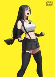 Rule 34 | 1girl, :o, bare shoulders, black gloves, black hair, black skirt, breasts, brown eyes, carlo montie, clenched hands, final fantasy, final fantasy vii, final fantasy vii remake, fingerless gloves, gloves, hair between eyes, large breasts, long hair, low-tied long hair, midriff, miniskirt, navel, open mouth, pencil skirt, shirt, skirt, solo, suspender skirt, suspenders, sweat, tank top, taut clothes, taut shirt, thighhighs, thighs, tifa lockhart, white tank top, yellow background