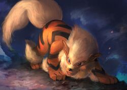 Rule 34 | absurdres, animal focus, arcanine, claws, closed mouth, commentary request, creatures (company), day walker1117, dog, fangs, fangs out, game freak, gen 1 pokemon, highres, nintendo, no humans, pokemon, pokemon (creature), smile, solo, top-down bottom-up, yellow fur