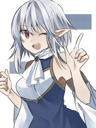 Rule 34 | 1girl, ascot, breasts, brooch, detached sleeves, grey hair, high collar, highres, hisame shigure, index finger raised, jewelry, long sleeves, looking at viewer, medium breasts, one eye closed, open mouth, original, pointy ears, red eyes, shirt, short hair with long locks, sleeveless, sleeveless shirt, smile, upper body