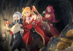 Rule 34 | 10s, 3girls, ahoge, alcohol, anne bonny (fate), belt, black legwear, black skirt, blonde hair, blue eyes, bottle, bow, breasts, buttons, cave, cleavage, coat, coin, detached collar, fate/extra, fate/grand order, fate (series), francis drake (fate), glowing, hair bow, hairband, hand on own hip, high collar, holding, holding bottle, holding paper, jewelry, lantern, large breasts, long sleeves, long twintails, mary read (fate), multiple girls, nakaga eri, necklace, open mouth, pantyhose, paper, pearl necklace, pink hair, pirate costume, pointing, red eyes, robe, scar, skeleton, skirt, skull and crossbones, sleeveless, sleeveless coat, twintails, white hair