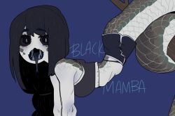 Rule 34 | 1girl, black hair, black sclera, blue background, blue tongue, blush, branch, colored sclera, colored tongue, commentary request, fangs, forked tongue, highres, korean commentary, lamia, long hair, looking at viewer, monster girl, open mouth, original, personification, scales, simple background, skirt, sleeveless, solo, sparrowl, tank top, tongue, white eyes