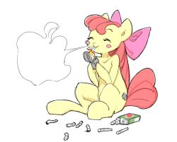 Rule 34 | 1girl, ^ ^, animal ears, apple bloom, blush stickers, bow, cigarette, cigarette pack, closed eyes, collarbone, eyebrows, hair bow, hair ornament, hasbro, horse, horse ears, horse tail, iizuna (milky walker), lighter, my little pony, my little pony: friendship is magic, raised eyebrows, red hair, sitting, smoking, solo, tail, white background