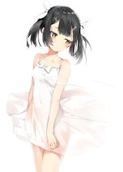 Rule 34 | 1girl, absurdres, bare arms, bare shoulders, black hair, blush, bow, breasts, brown eyes, collarbone, covered navel, dress, fate/kaleid liner prisma illya, fate (series), gown, hair bow, hair ornament, hair ribbon, hairclip, head tilt, highres, hip focus, looking away, looking down, looking to the side, md5 mismatch, miyu edelfelt, open mouth, parted lips, ribbon, see-through silhouette, silver (chenwen), simple background, sleeveless, sleeveless dress, small breasts, solo, thighs, twintails, white background, white bow, white dress, white ribbon, wind, wind lift, yellow eyes