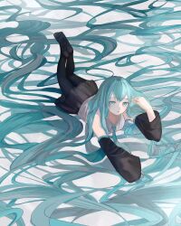 Rule 34 | 1girl, absurdly long hair, alternate hair length, alternate hairstyle, amuko08, black pantyhose, black skirt, black sleeves, blue eyes, blue hair, blue necktie, collared shirt, commentary request, detached sleeves, full body, grey shirt, hair down, hair spread out, hatsune miku, highres, long hair, long sleeves, lying, necktie, no shoes, on stomach, open mouth, pantyhose, shirt, skirt, solo, very long hair, vocaloid, white background