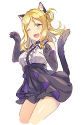 Rule 34 | 1girl, :d, ;3, animal ears, black gloves, black skirt, blonde hair, blouse, braid, breasts, cat ears, cat girl, cat tail, commentary, crown braid, curled fingers, elbow gloves, gloves, highres, looking at viewer, love live!, love live! sunshine!!, medium breasts, medium hair, miniskirt, ohara mari, one eye closed, open mouth, paw pose, sakou mochi, shirt, simple background, single bang, single hair ring, sketch, skirt, sleeveless, sleeveless shirt, smile, solo, tail, white background, white shirt