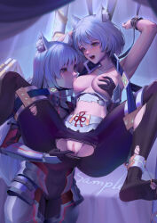 Rule 34 | 2girls, absurdres, animal ears, armor, arms up, bdsm, black pantyhose, bondage, bound, breast sucking, camisole, cat ears, crotch cutout, fingering, grabbing, grabbing another&#039;s breast, grey hair, h.an (516635864), highres, long hair, looking at another, m (xenoblade), mio (xenoblade), multiple girls, nipple stimulation, nipple tweak, nipples, open mouth, pantyhose, pussy, selfcest, short hair, skirt, spoilers, suspension, torn camisole, torn clothes, torn pantyhose, torn skirt, uncensored, xenoblade chronicles (series), xenoblade chronicles 3, yuri