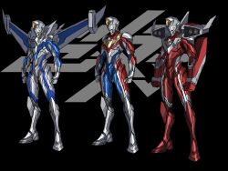 Rule 34 | 3boys, 3ok, alien, alternate universe, armor, armored boots, blue bodysuit, bodysuit, boots, breastplate, clenched hand, clenched hands, coat, fingerless gloves, flash type (ultraman), gauntlets, gloves, glowing, glowing eyes, highres, jacket, leg armor, male focus, miracle type (ultraman), multiple boys, no humans, open clothes, open hand, open jacket, pauldrons, red bodysuit, rocket launcher, shoulder armor, shoulder cannon, shoulder pads, single fingerless glove, skin tight, solo, standing, strong type (ultraman), tokusatsu, ultra series, ultraman (hero&#039;s comics), ultraman dyna, ultraman dyna (series), ultraman suit, weapon, white gloves, wings, yellow eyes