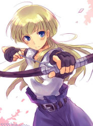 Rule 34 | 1girl, arrow (projectile), artist name, blonde hair, blue eyes, blush, bow (weapon), drawing bow, fingerless gloves, gloves, harushino, holding bow (weapon), long hair, rennie (tear ring saga), simple background, solo, tear ring saga, weapon, white background