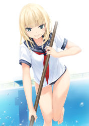 Rule 34 | 1girl, backlighting, bare legs, barefoot, blonde hair, blue eyes, blue one-piece swimsuit, blue sailor collar, blush, coffee-kizoku, collarbone, commentary request, empty pool, highres, long hair, looking at viewer, mele retanagua, neckerchief, one-piece swimsuit, original, parted lips, pool, red neckerchief, sailor collar, school swimsuit, school uniform, serafuku, shirt, short sleeves, smile, solo, standing, standing on one leg, swimsuit, swimsuit under clothes, water drop, white background, white shirt