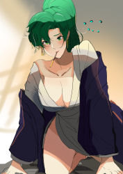 Rule 34 | 1girl, absurdres, blue coat, blush, breasts, cleavage, coat, earrings, fire emblem, fire emblem: the blazing blade, food, green eyes, green hair, highres, jewelry, kneeling, large breasts, looking at viewer, looking down, lyn (fire emblem), nintendo, ormille, pocky, smile, solo, thighs