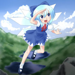 Rule 34 | 1girl, blue eyes, blue hair, bow, cirno, female focus, flying, hair bow, matching hair/eyes, natsu no koucha, open mouth, ribbon, short hair, solo, embodiment of scarlet devil, touhou, wings