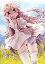 Rule 34 | 1girl, blush, breasts, brown hair, cleavage, day, dress, gluteal fold, green eyes, haruse meio, large breasts, long hair, looking at viewer, moe2020, original, outdoors, panties, pantyshot, parted lips, solo, thighhighs, underwear, very long hair, white dress, white thighhighs, yellow panties