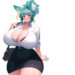 Rule 34 | 1girl, animal ears, aqua hair, bag, black bra, black skirt, blush, bow, bra, breasts, cleavage, curvy, fang, green bow, hair bow, haru feng, highres, huge breasts, looking at viewer, original, ponytail, red eyes, shirt, short hair, shoulder bag, skirt, smile, solo, tail, thick thighs, thighs, underwear, white background, white shirt, wide hips, wolf ears, wolf girl