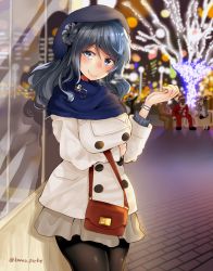 Rule 34 | 2girls, 4boys, alternate costume, bad id, bad pixiv id, bag, beret, blue eyes, breasts, buttons, character name, christmas, commentary request, double bun, gingerbread man, hair bun, handbag, hat, jacket, kantai collection, large breasts, lights, looking at viewer, multiple boys, multiple girls, narushima kanna, pantyhose, reflection, sailor hat, santa costume, scarf, shawl, signature, smile, tree, urakaze (kancolle), watch, window, wristwatch
