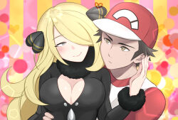Rule 34 | 1boy, 1girl, abstract background, baseball cap, blonde hair, blush, breasts, brown eyes, brown hair, cleavage, creatures (company), cynthia (pokemon), emil as, game freak, grey eyes, hair ornament, hair over one eye, hand on another&#039;s hip, hat, hetero, highres, large breasts, nintendo, pokemon, pokemon dppt, pokemon sm, red (pokemon)