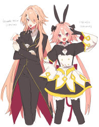 2boys absurdres androgynous astolfo_(fate) blonde_hair blush crossdressing dress fang fate_(series) father_and_son formal_clothes highres if_they_mated koyashaka leiahei_meier_(koyashaka) long_hair long_sleeves looking_at_viewer multicolored_hair multiple_boys open_mouth original pink_hair purple_eyes smile suit thighhighs very_long_hair white_background