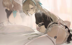 1girl, @ @, apron, aqua neckwear, ass, asuna (blue archive), bangs, bed, black dress, blue archive, blue eyes, blush, breasts, cleavage, closed mouth, dress, garter straps, gloves, hair between eyes, hair ornament, hair ribbon, koio, large breasts, light brown hair, long hair, looking at viewer, maid, maid headdress, neckwear between breasts, on bed, pillow, reflection, ribbon, solo, sweat, thighhighs, thighs, white apron, white gloves, white legwear