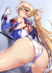 Rule 34 | 1girl, against wall, ahoge, ass, blonde hair, blue eyes, bradamante (fate), bradamante (first ascension) (fate), braid, breasts, detached sleeves, fate/grand order, fate (series), french braid, gloves, heart, heart-shaped pupils, kumakichi (cost-lost), large breasts, leotard, long hair, solo, sweat, symbol-shaped pupils, twintails, very long hair, white gloves