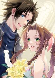 Rule 34 | 1boy, 1girl, aerith gainsborough, armor, bare shoulders, black hair, blue eyes, blue sweater, blurry, blurry background, braid, braided ponytail, brown hair, church, commentary, crisis core final fantasy vii, dress, feathers, final fantasy, final fantasy vii, flower, from side, green eyes, hair ribbon, highres, holding, holding flower, indoors, long hair, looking at viewer, looking to the side, open mouth, parted bangs, pink ribbon, quichi 91, ribbed sweater, ribbon, shoulder armor, sidelocks, sleeveless, sleeveless dress, spiked hair, stained glass, suspenders, sweater, teeth, turtleneck, turtleneck sweater, upper body, upper teeth only, white dress, white feathers, yellow flower, zack fair