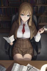 Rule 34 | 1girl, absurdres, book, bookshelf, breasts, brown hair, brown skirt, chair, closed mouth, collared shirt, cryturtle, day, english text, green eyes, high-waist skirt, highres, holding, holding paper, indoors, jacket, large breasts, long sleeves, looking at viewer, magnifying glass, medium hair, necktie, office chair, open book, original, paper, plaid, plaid skirt, red necktie, shirt, shirt tucked in, short necktie, sidelocks, sitting, skirt, solo, swivel chair, table, thighs, white shirt