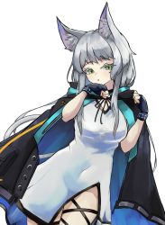 Rule 34 | 1girl, animal ear fluff, animal ears, arknights, black bracelet, black cape, black gloves, blue cape, breasts, cape, cat ears, cat girl, cat tail, commentary, cowboy shot, dress, fingerless gloves, gloves, green eyes, grey hair, hands up, highres, infection monitor (arknights), leg wrap, long hair, looking at viewer, medium breasts, paw pose, rosmontis (arknights), simple background, solo, tail, tongue, tongue out, two-sided cape, two-sided fabric, unknownnoname0, very long hair, white background, white dress
