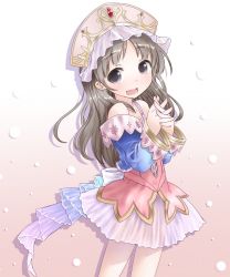 Rule 34 | 1girl, atelier (series), atelier totori, bare shoulders, brown eyes, brown hair, dress, female focus, hat, long hair, natsu no koucha, open mouth, own hands clasped, own hands together, ribbon, sideways glance, simple background, smile, solo, standing, totooria helmold
