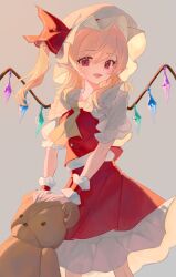 Rule 34 | 1girl, :d, absurdres, bare legs, blonde hair, breasts, cindy717, crystal, feet out of frame, flandre scarlet, frilled shirt collar, frills, grey background, hair between eyes, hat, highres, holding, holding stuffed toy, long hair, looking at viewer, mob cap, open mouth, petite, petticoat, red eyes, red skirt, red vest, sidelighting, simple background, skirt, skirt set, small breasts, smile, solo, standing, stuffed animal, stuffed toy, swept bangs, teddy bear, touhou, vest, wings