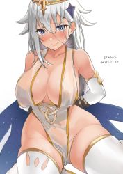 Rule 34 | 1girl, aged up, alternate breast size, arms behind back, bad id, bad pixiv id, bare shoulders, blue eyes, blush, bound, breasts, cleavage, derivative work, elbow gloves, genshin impact, gloves, hair ornament, half-closed eyes, halo, highres, icons (1452697582), large breasts, paimon (genshin impact), panties, pelvic curtain, rope, signature, simple background, solo, thighhighs, tied up (nonsexual), underwear, wet, white background, white panties, white thighhighs