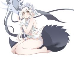 Rule 34 | 1girl, arknights, bikini, blue flower, crocodilian tail, artistic error, flower, flower wreath, hair between eyes, hair flower, hair ornament, highres, holding, holding staff, long hair, looking at viewer, muzi (muaz), official alternate costume, pointy ears, seiza, sidelocks, simple background, sitting, solo, staff, swimsuit, tail, thighs, tomimi (arknights), tomimi (silent night) (arknights), white background, white bikini, white flower, white hair, yellow eyes