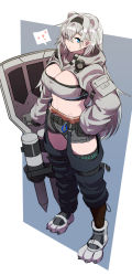 Rule 34 | 1girl, absurdres, animal ears, arknights, aurora (arknights), bear ears, black gloves, black hairband, blue eyes, boots, breasts, chaps, cleavage, crop top, full body, gloves, grey jacket, grey shorts, hair over one eye, hairband, heart, highres, infection monitor (arknights), jacket, large breasts, long hair, long sleeves, looking at viewer, midriff, navel, samacho, shield, short shorts, shorts, solo, spoken heart, standing, stomach, very long hair, white hair