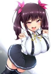 Rule 34 | 1girl, :d, black thighhighs, blush, bow, breasts, brown hair, covered erect nipples, doskoinpo, dutch angle, fang, fart, hair bow, large breasts, long hair, looking at viewer, open mouth, oppai loli, pink eyes, pleated skirt, skirt, smile, solo, standing, suspenders, thighhighs, twintails, zettai ryouiki