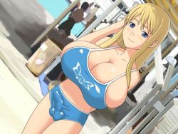 Rule 34 | 1futa, artist request, blonde hair, blue eyes, breasts, bulge, character request, futanari, huge breasts, long hair, penis, smile, solo, source request, testicles
